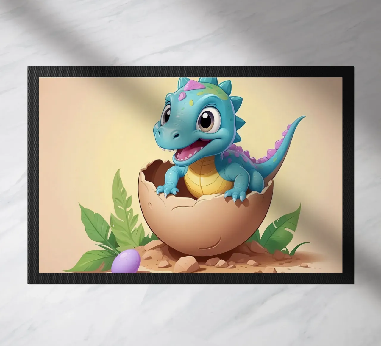 Cute dinosaur hatching from egg with bright and playful doormat by DesignDoodle