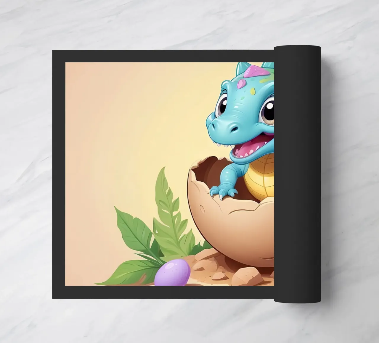 Cute dinosaur hatching from egg with bright and playful doormat by DesignDoodle