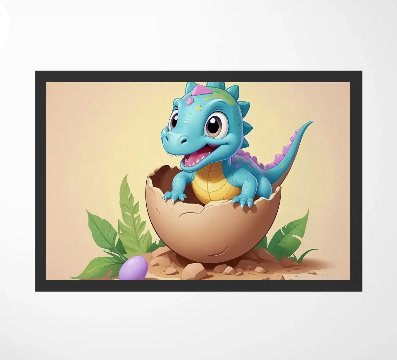 Cute dinosaur hatching from egg with bright and playful doormat by DesignDoodle