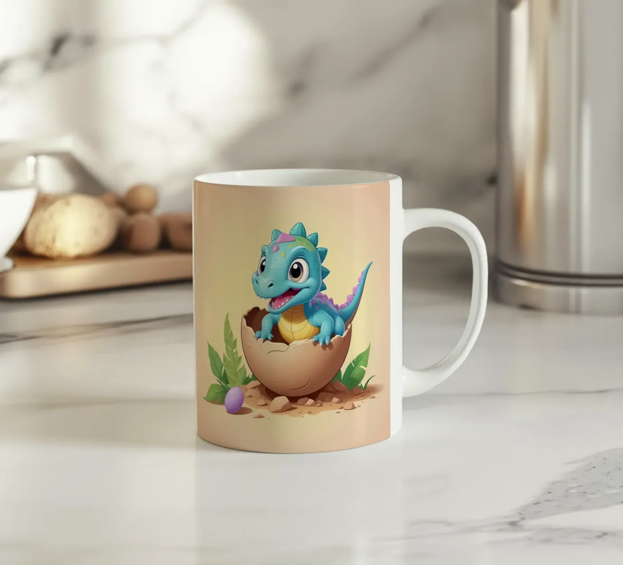 Cute dinosaur hatching from egg with bright and playful ceramic mug by DesignDoodle