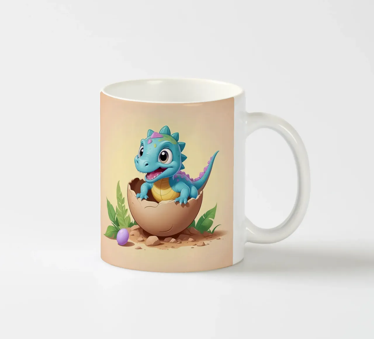 Cute dinosaur hatching from egg with bright and playful ceramic mug by DesignDoodle