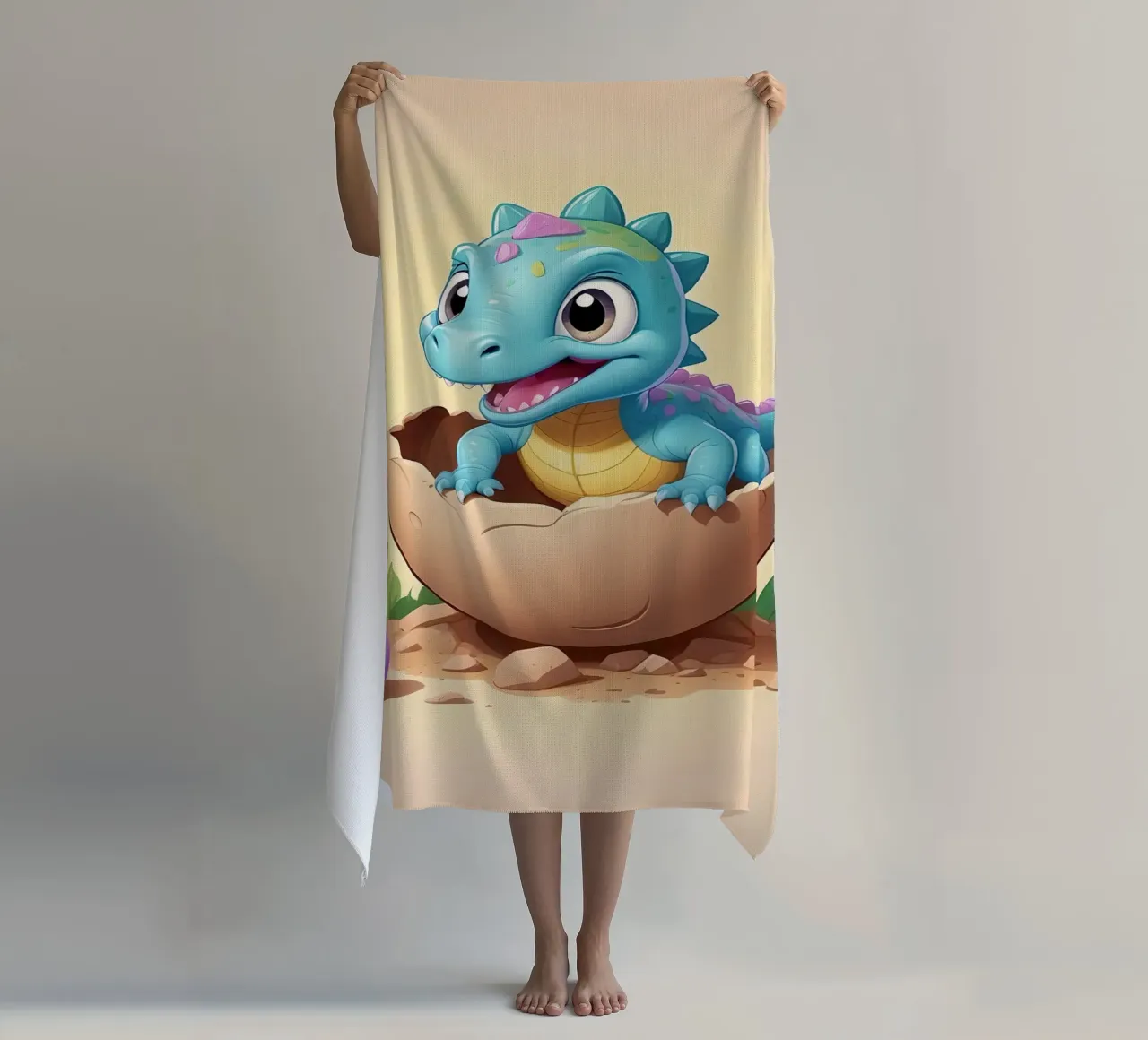 Cute dinosaur hatching from egg with bright and playful beach towel by DesignDoodle