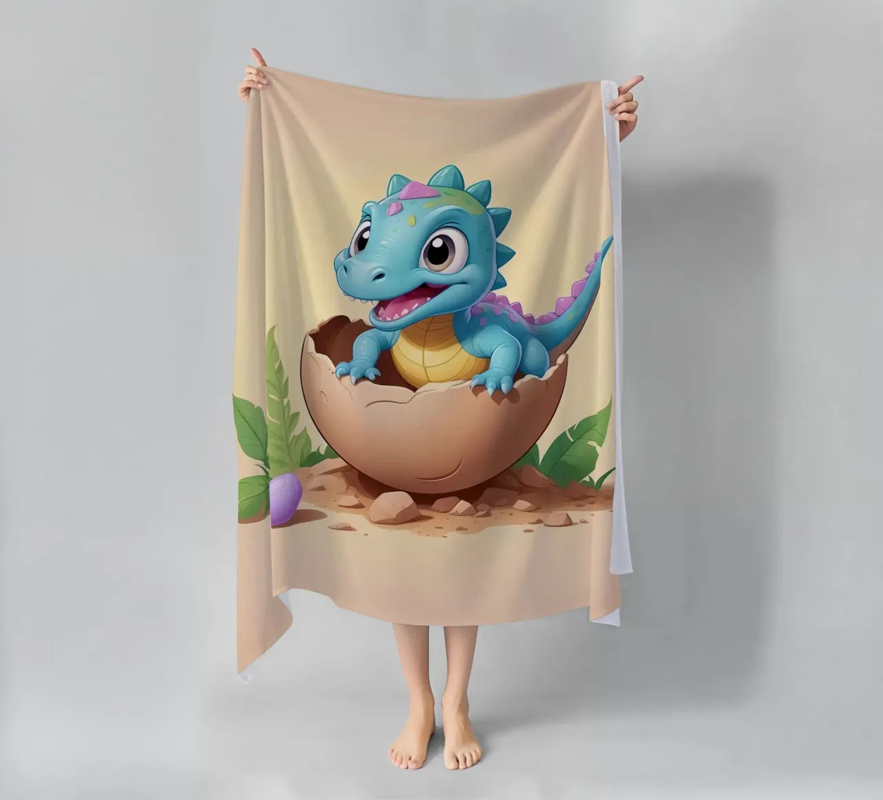 Cute dinosaur hatching from egg with bright and playful beach towel by DesignDoodle