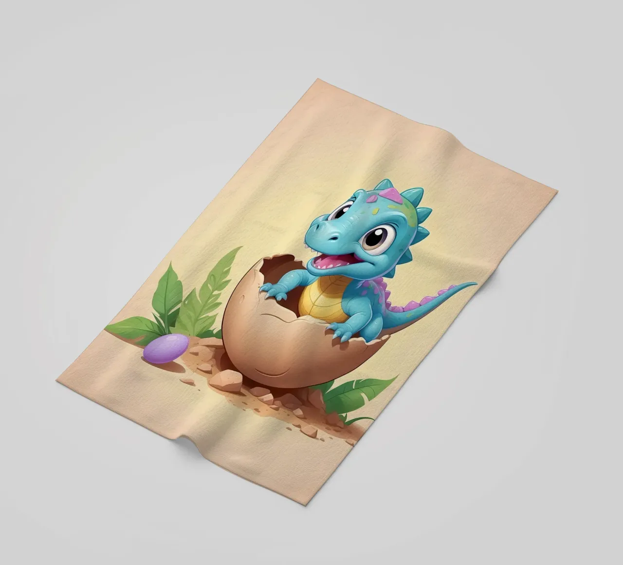 Cute dinosaur hatching from egg with bright and playful beach towel by DesignDoodle