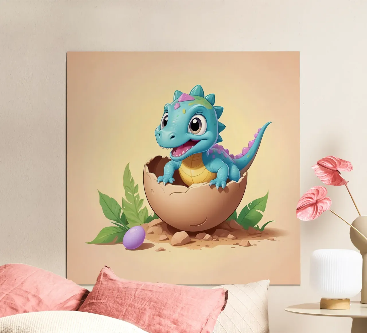 Cute dinosaur hatching from egg with bright and playful poster by DesignDoodle