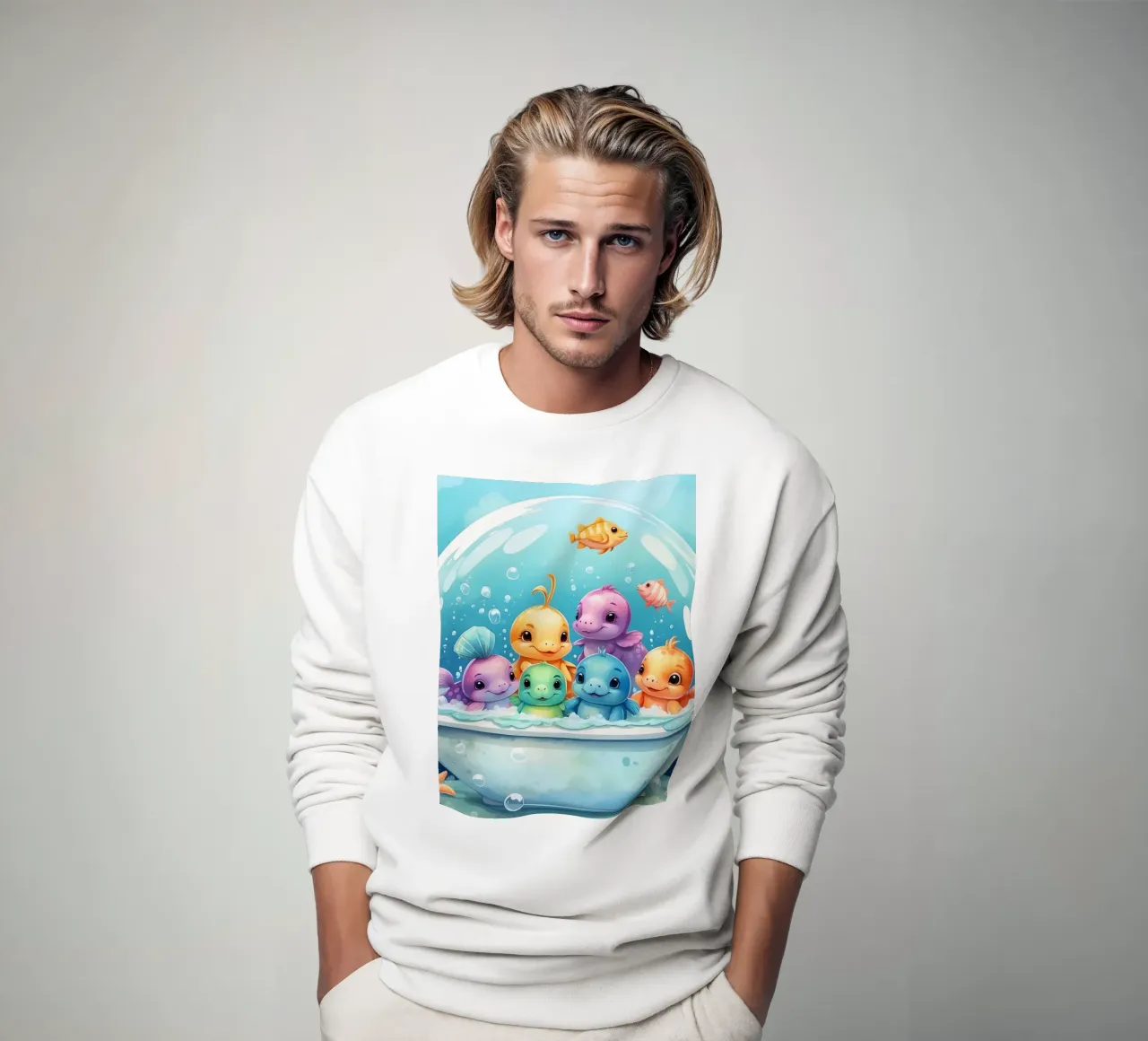 Cute aquatic creatures in a bubble bath with colorful fish sweatshirt by DesignDoodle