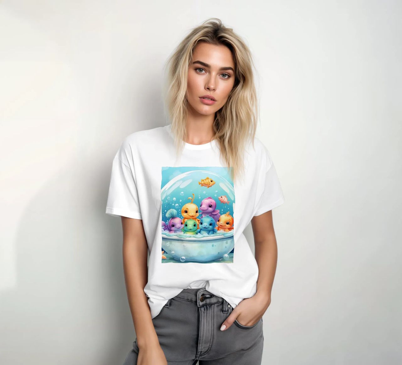 Simpatiche creature acquatiche in un bagno di schiuma con pesci colorati t-shirt da DesignDoodle