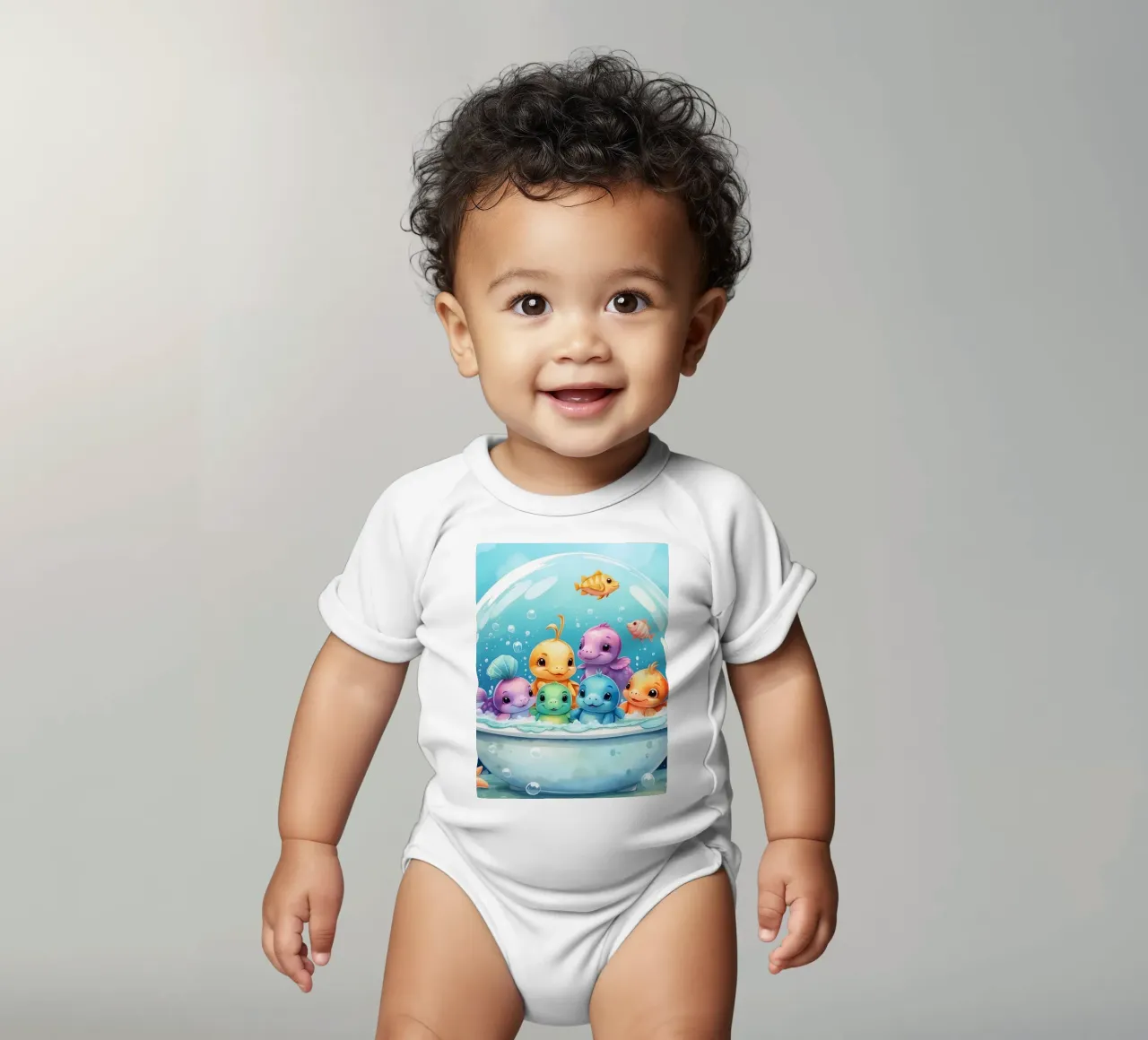 Simpatiche creature acquatiche in un bagno di schiuma con pesci colorati body neonato maniche corte da DesignDoodle