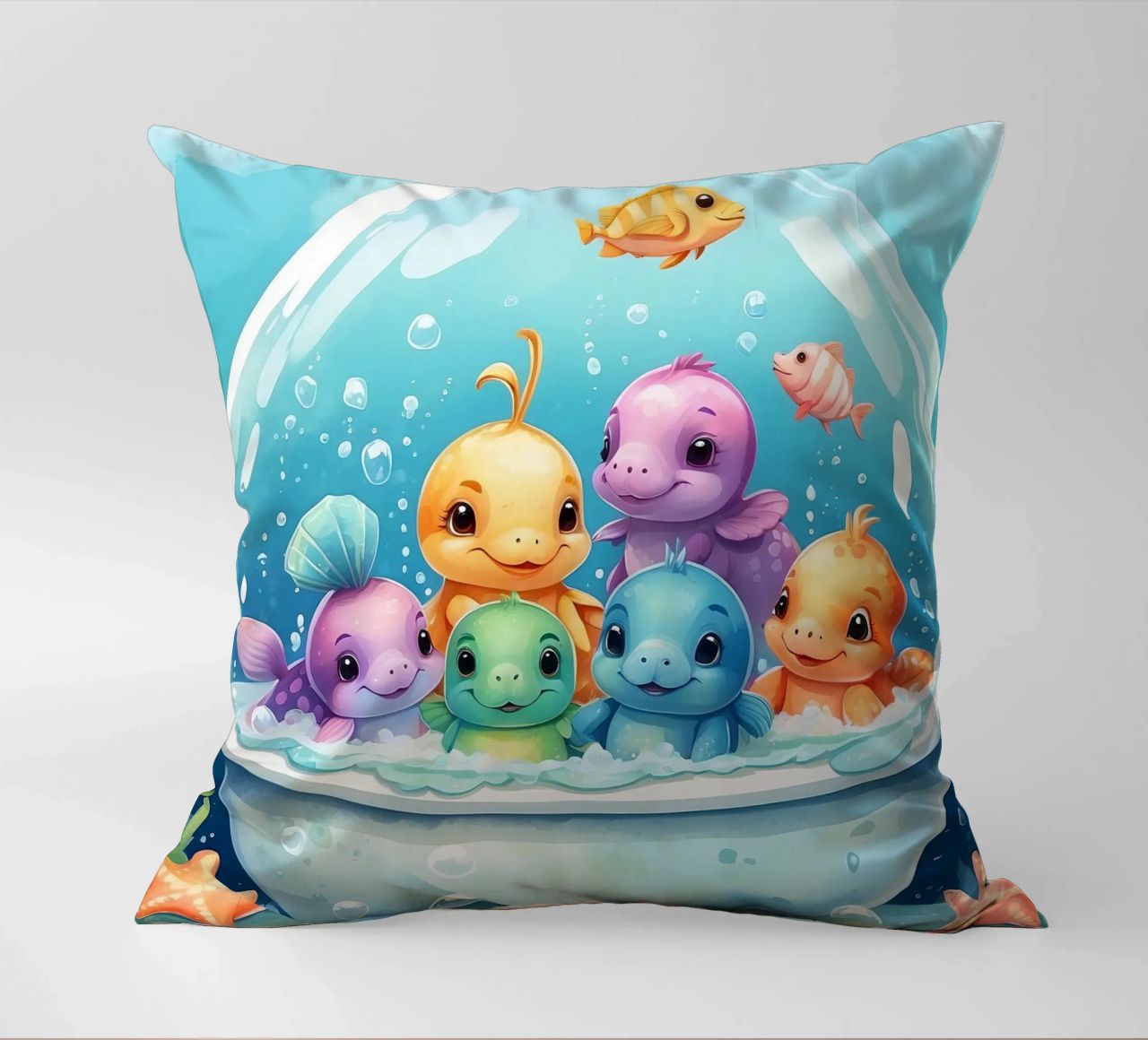Simpatiche creature acquatiche in un bagno di schiuma con pesci colorati cuscino da DesignDoodle