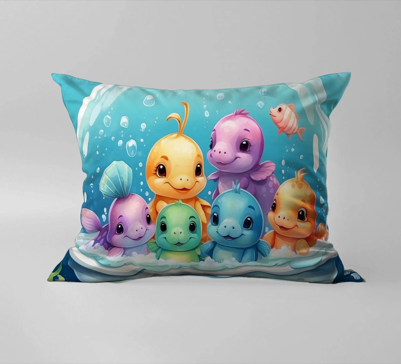 Simpatiche creature acquatiche in un bagno di schiuma con pesci colorati cuscino da DesignDoodle