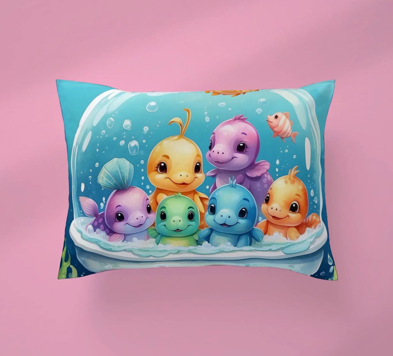 Simpatiche creature acquatiche in un bagno di schiuma con pesci colorati cuscino da DesignDoodle