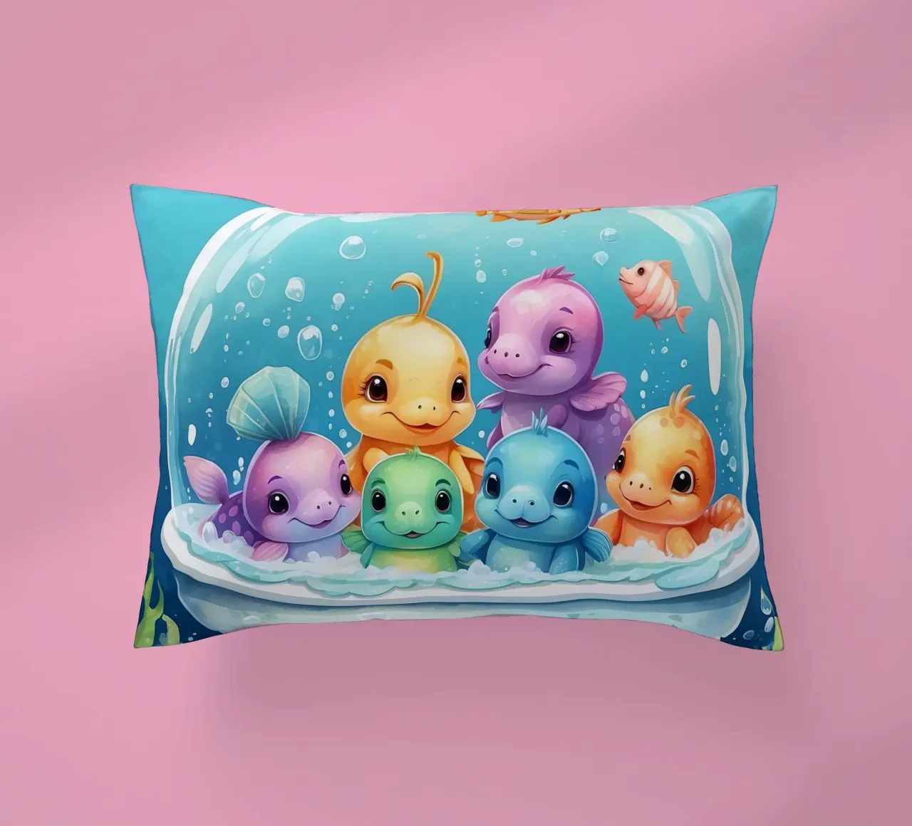 Simpáticas criaturas acuáticas en un baño de burbujas con peces de colores cojín de DesignDoodle