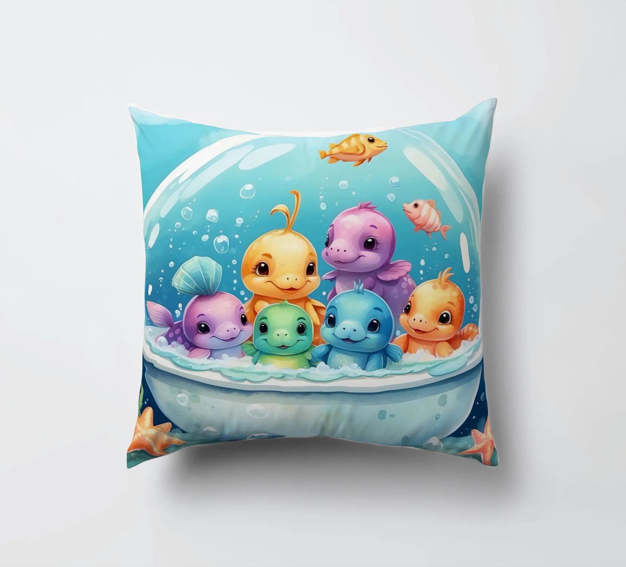 Simpatiche creature acquatiche in un bagno di schiuma con pesci colorati cuscino da DesignDoodle