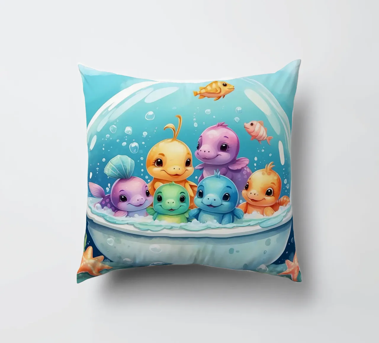 Simpáticas criaturas acuáticas en un baño de burbujas con peces de colores cojín de DesignDoodle