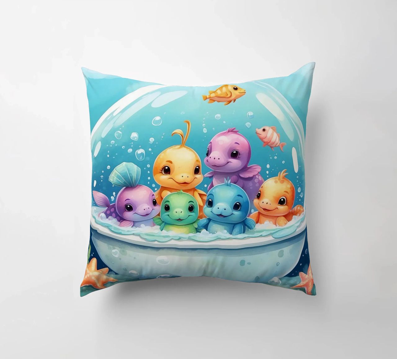 Simpatiche creature acquatiche in un bagno di schiuma con pesci colorati cuscino da DesignDoodle