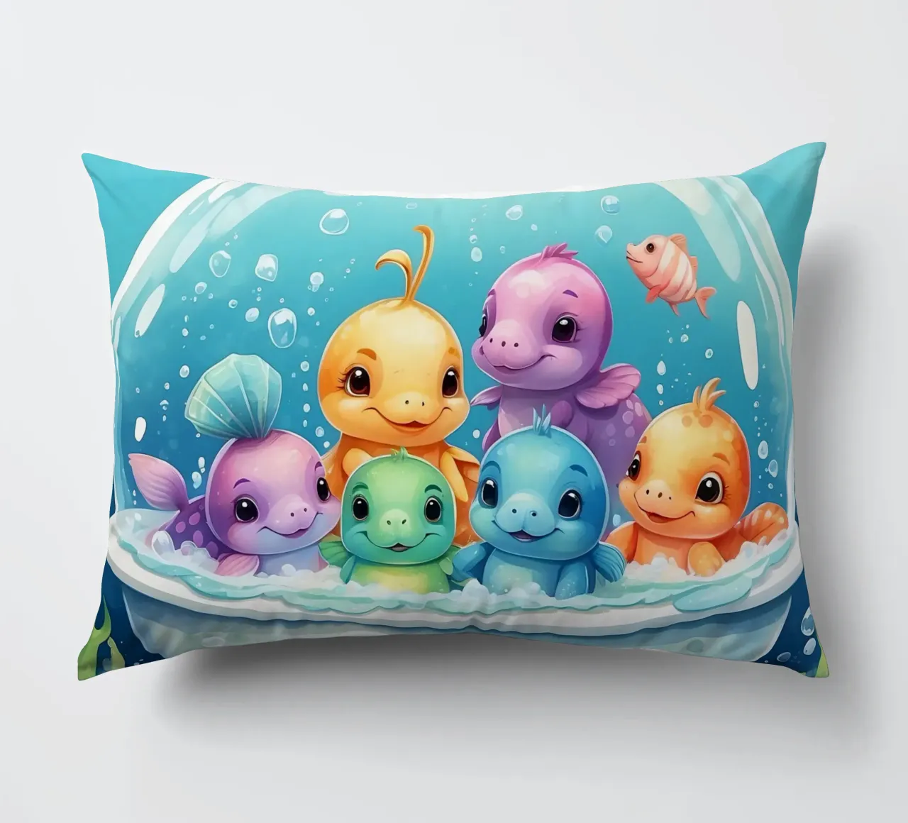 Simpáticas criaturas acuáticas en un baño de burbujas con peces de colores cojín de DesignDoodle