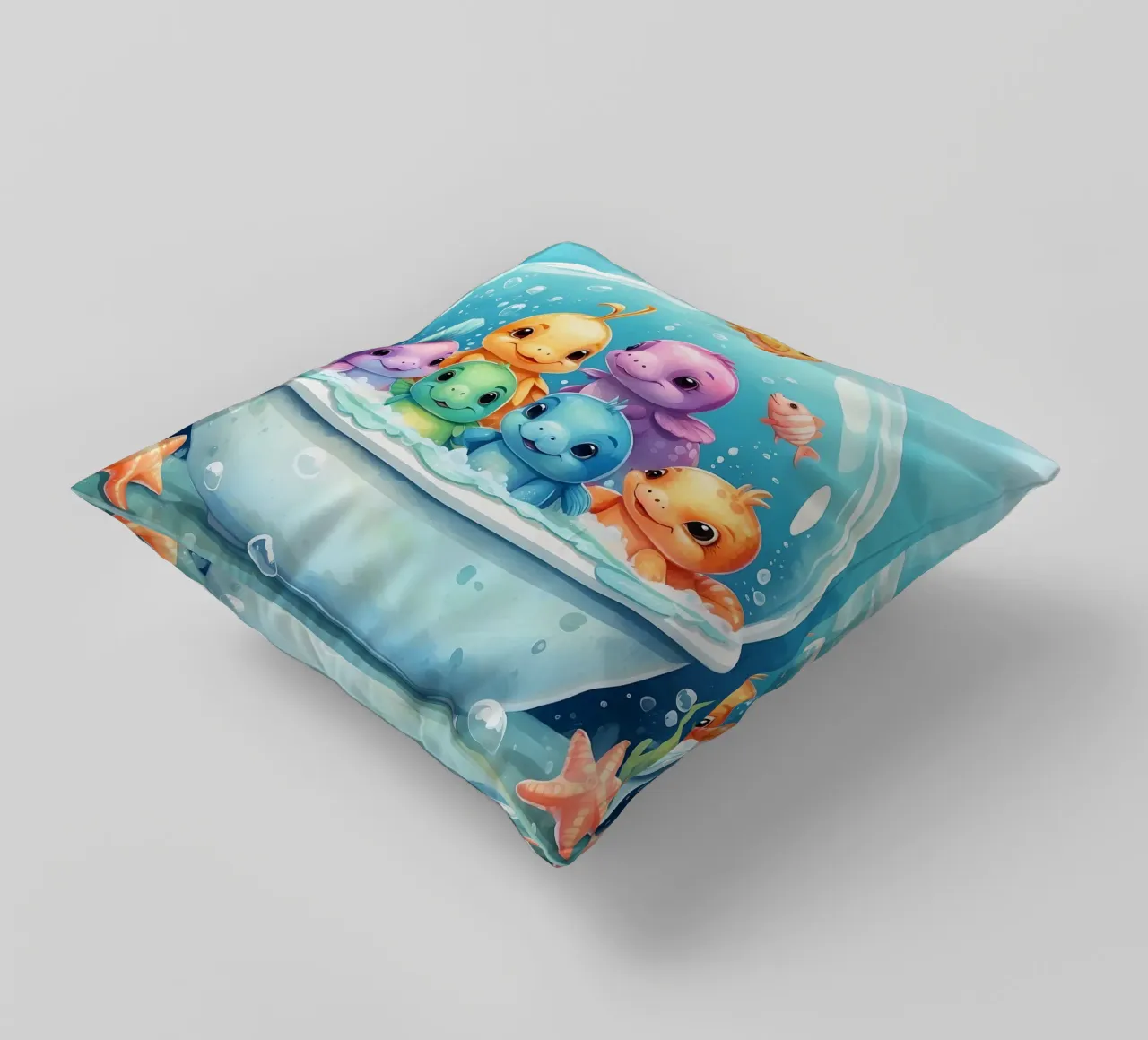 Simpáticas criaturas acuáticas en un baño de burbujas con peces de colores cojín de DesignDoodle