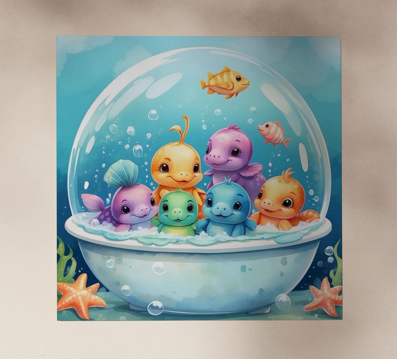Simpatiche creature acquatiche in un bagno di schiuma con pesci colorati pellicola backlit da DesignDoodle