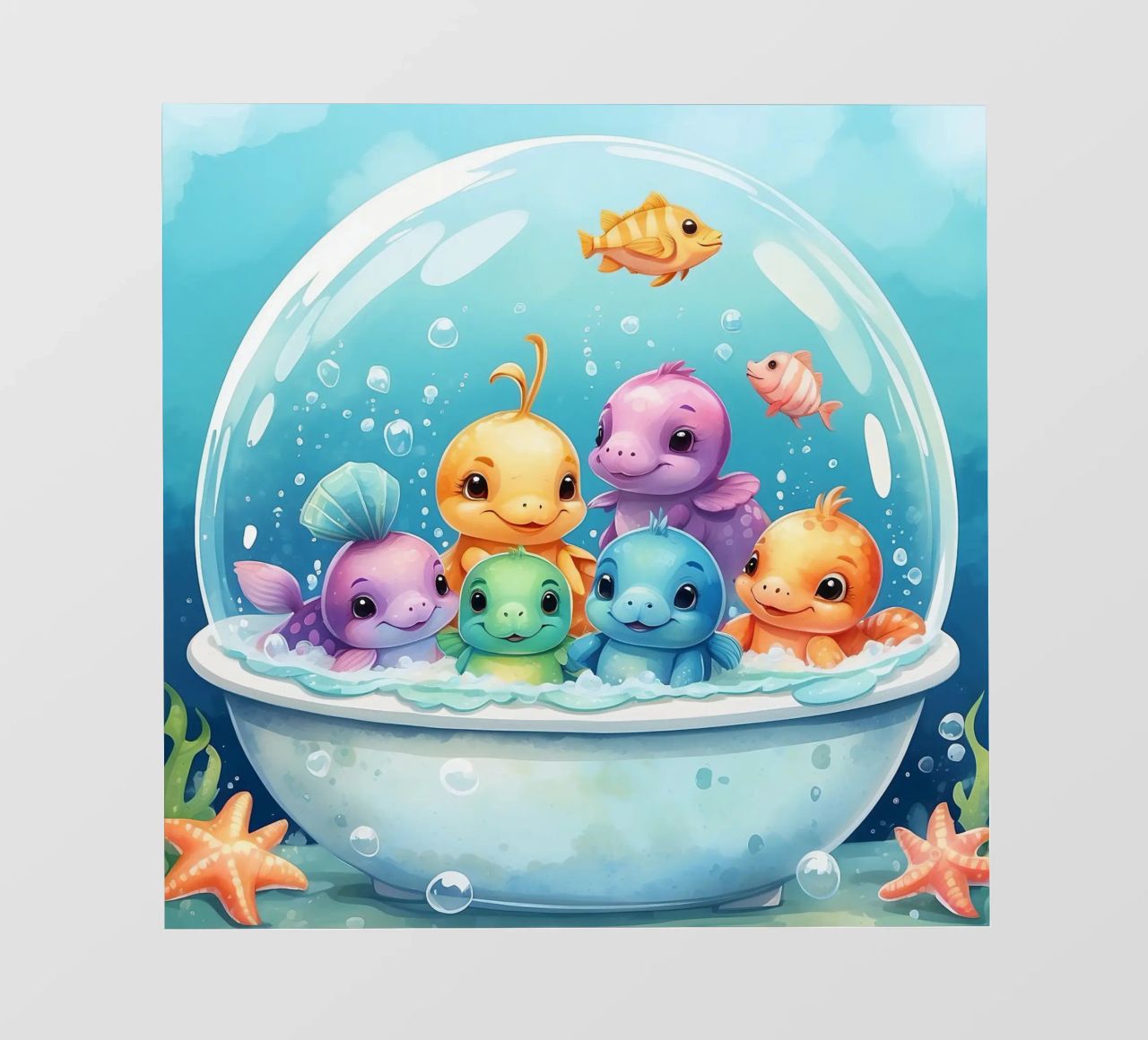 Simpatiche creature acquatiche in un bagno di schiuma con pesci colorati pellicola backlit da DesignDoodle