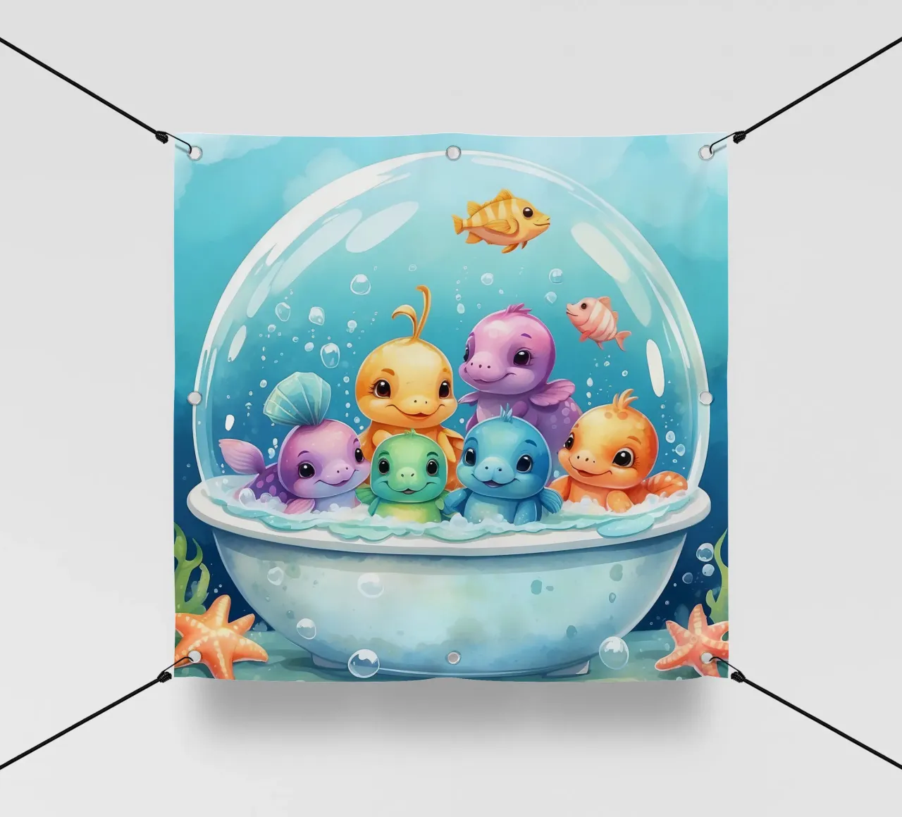 Simpatiche creature acquatiche in un bagno di schiuma con pesci colorati telo in pvc da DesignDoodle
