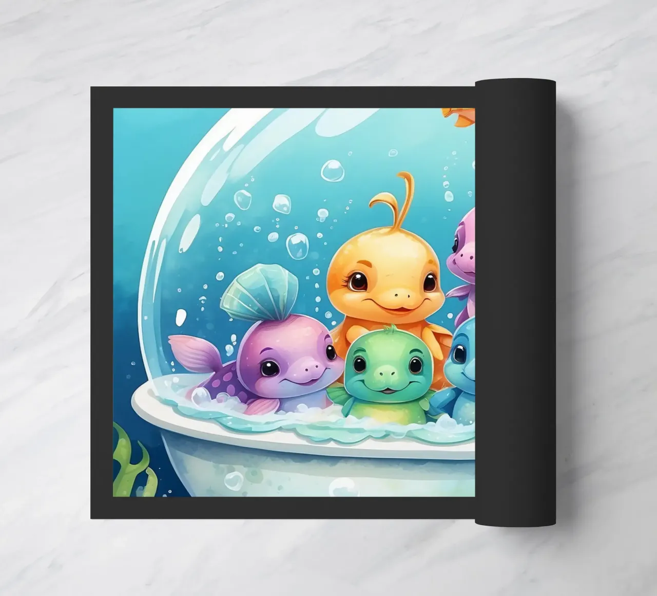 Simpatiche creature acquatiche in un bagno di schiuma con pesci colorati zerbino da DesignDoodle