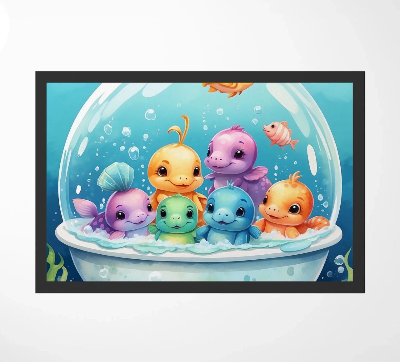 Simpatiche creature acquatiche in un bagno di schiuma con pesci colorati zerbino da DesignDoodle