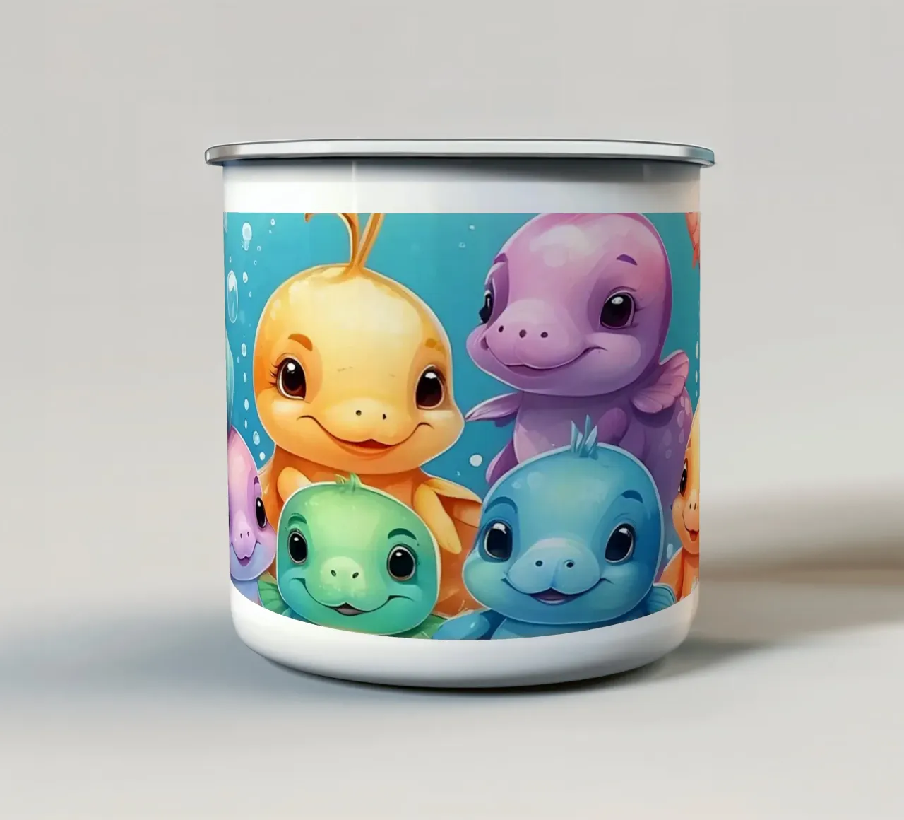 Simpáticas criaturas acuáticas en un baño de burbujas con peces de colores taza de esmalte de DesignDoodle
