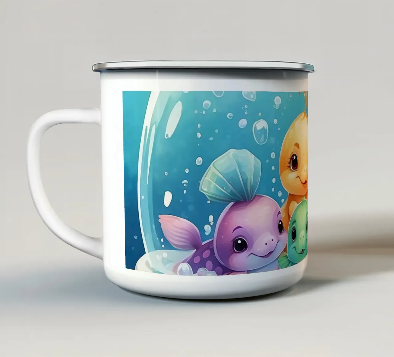 Cute aquatic creatures in a bubble bath with colorful fish enamel mug by DesignDoodle