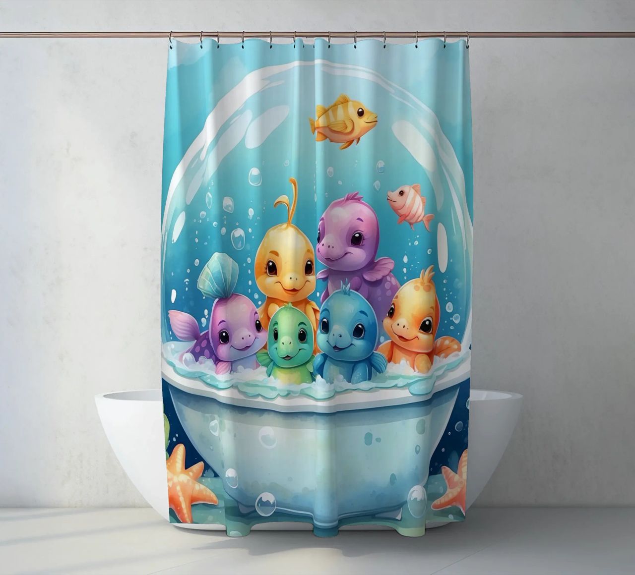 Simpatiche creature acquatiche in un bagno di schiuma con pesci colorati tenda da doccia da DesignDoodle
