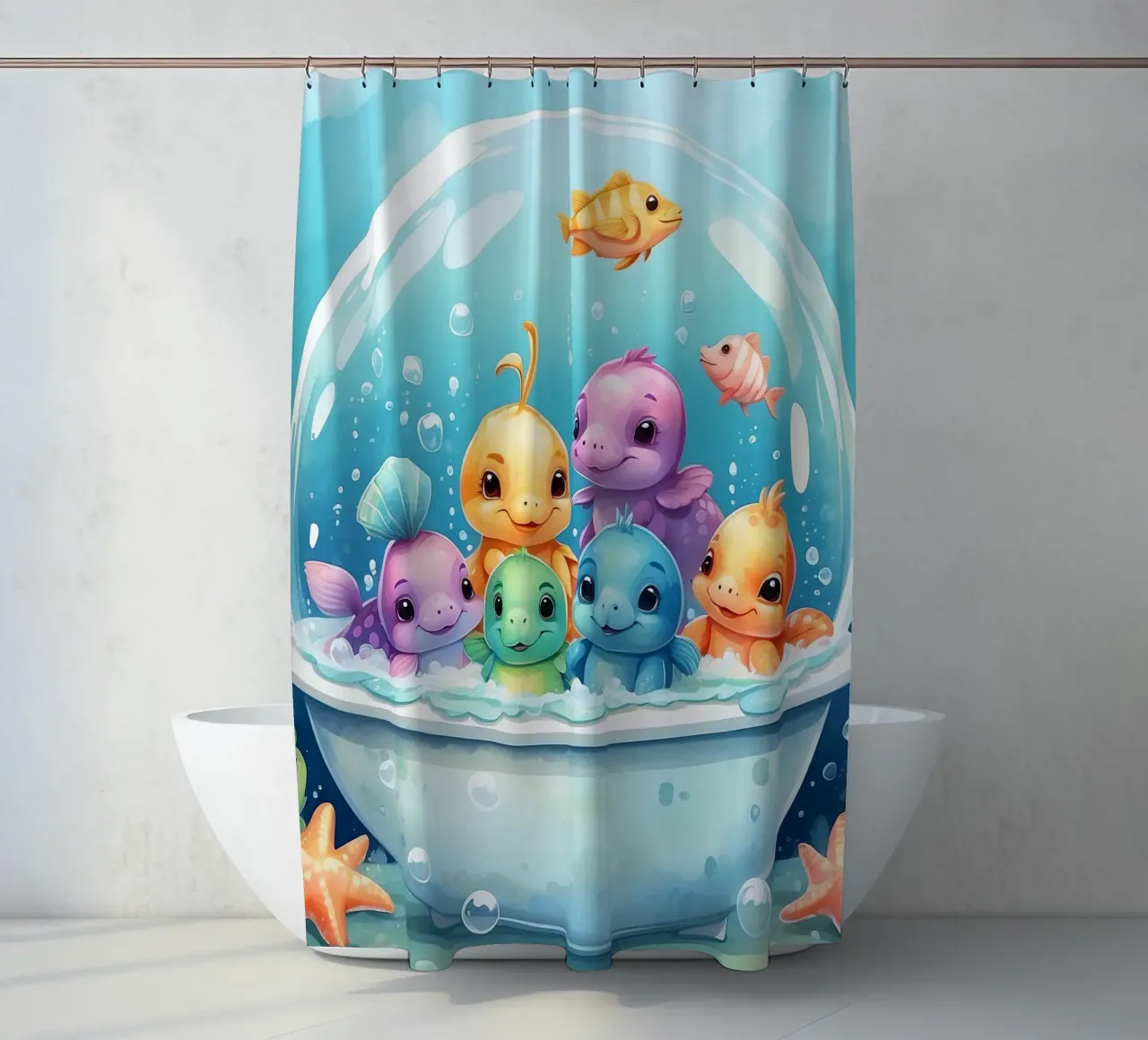 Simpatiche creature acquatiche in un bagno di schiuma con pesci colorati tenda da doccia da DesignDoodle