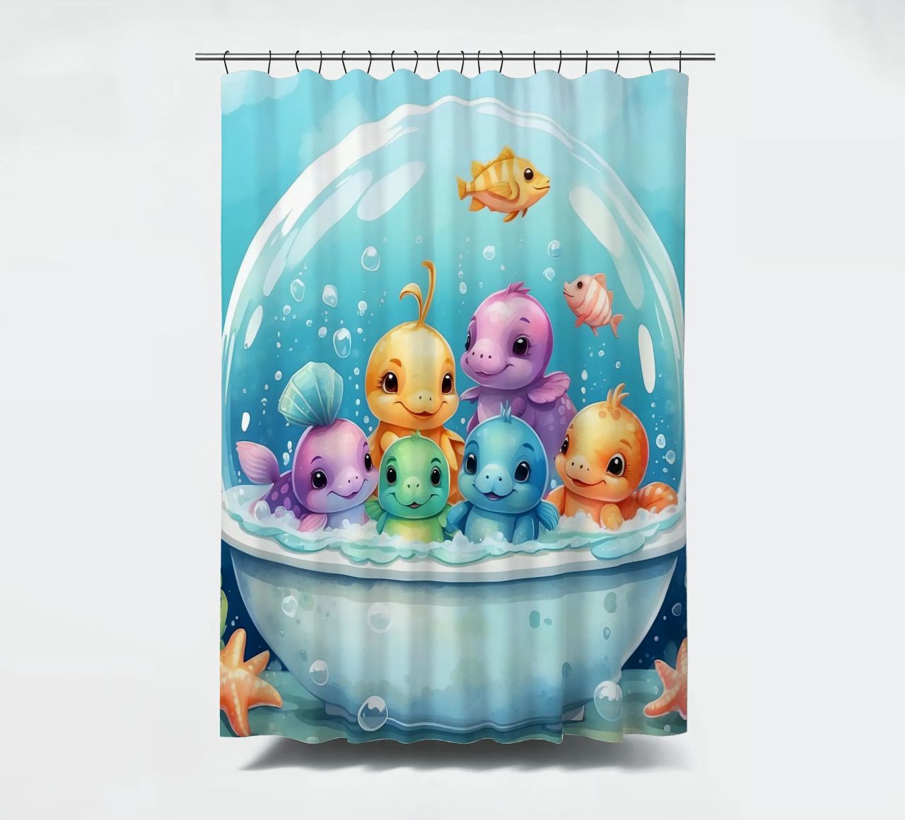 Simpatiche creature acquatiche in un bagno di schiuma con pesci colorati tenda da doccia da DesignDoodle