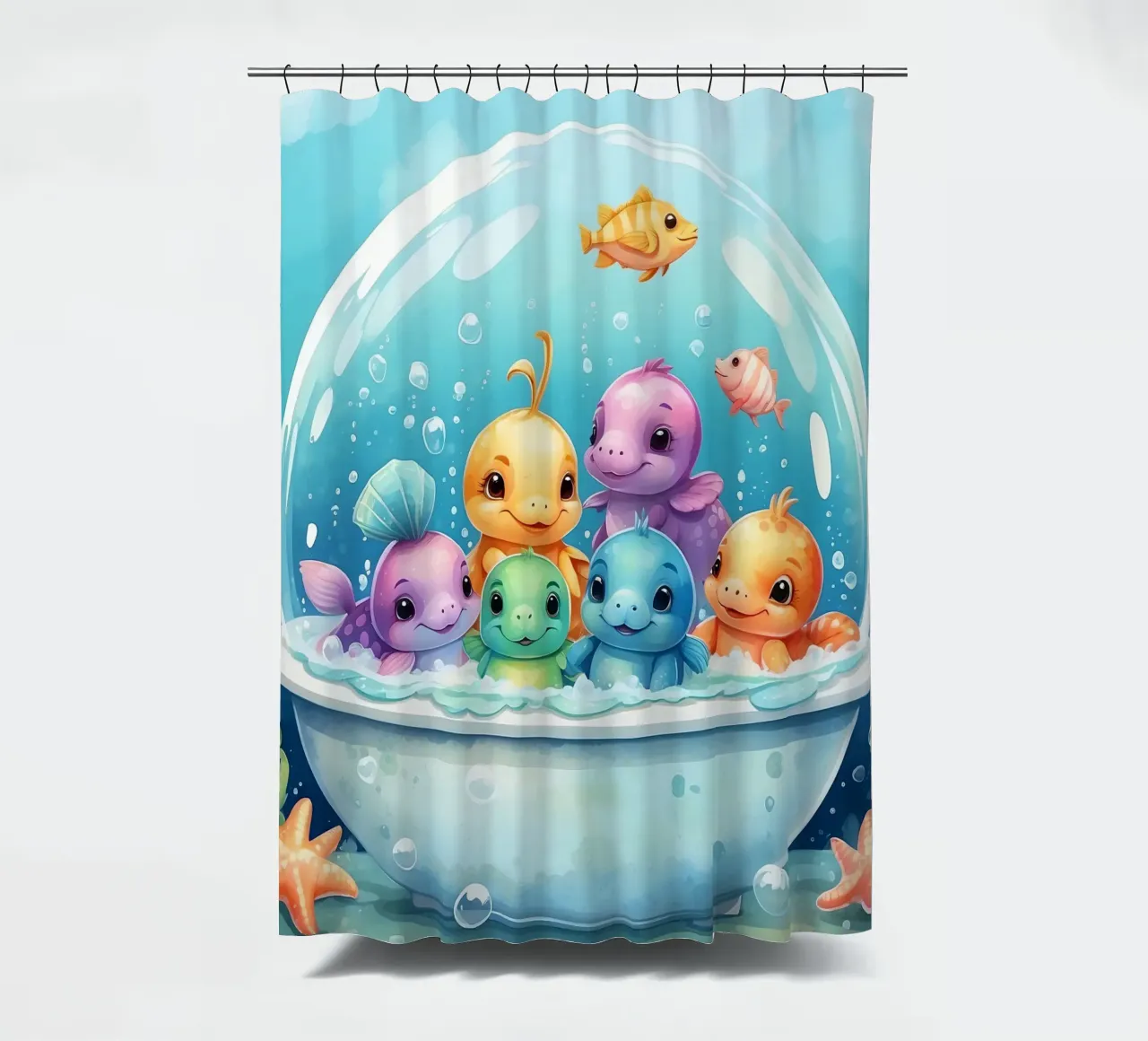 Simpatiche creature acquatiche in un bagno di schiuma con pesci colorati tenda da doccia da DesignDoodle
