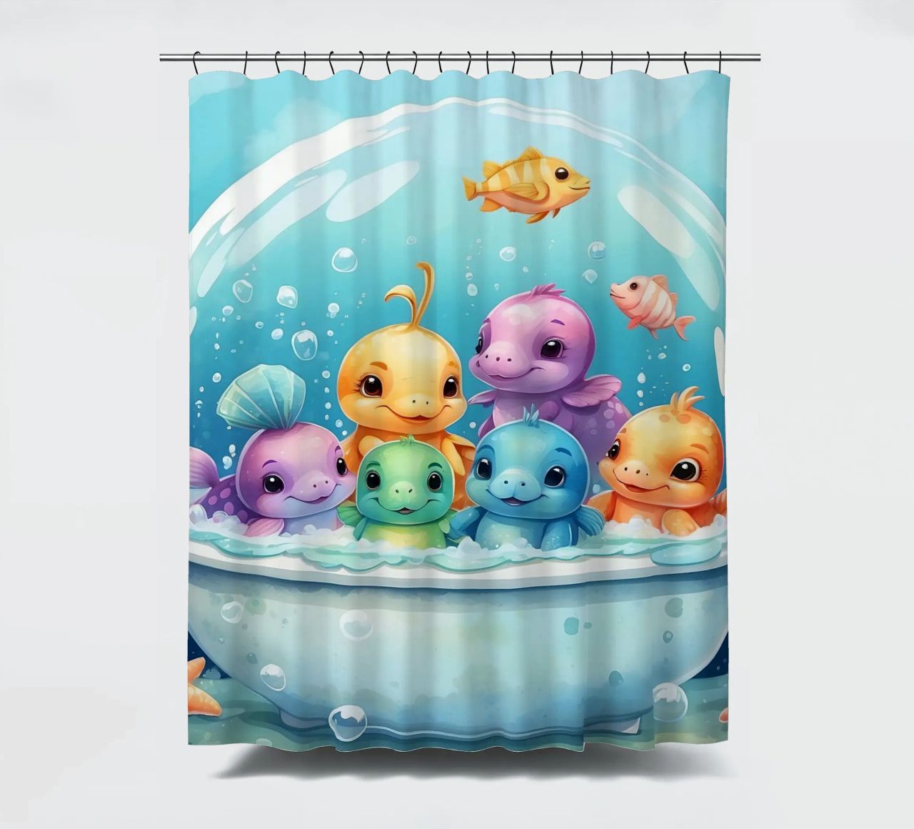Simpatiche creature acquatiche in un bagno di schiuma con pesci colorati tenda da doccia da DesignDoodle