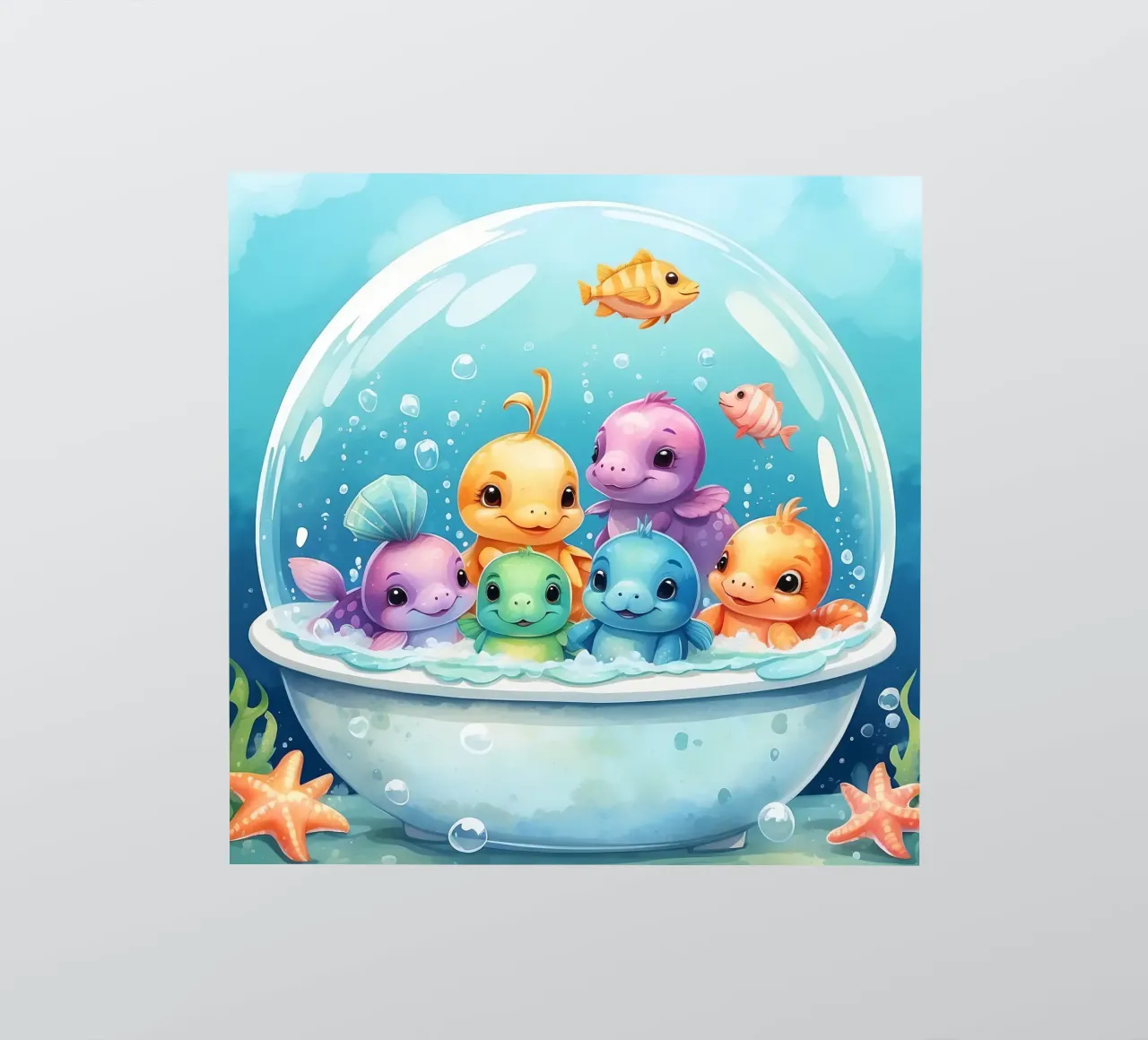 Simpatiche creature acquatiche in un bagno di schiuma con pesci colorati adesivo da DesignDoodle