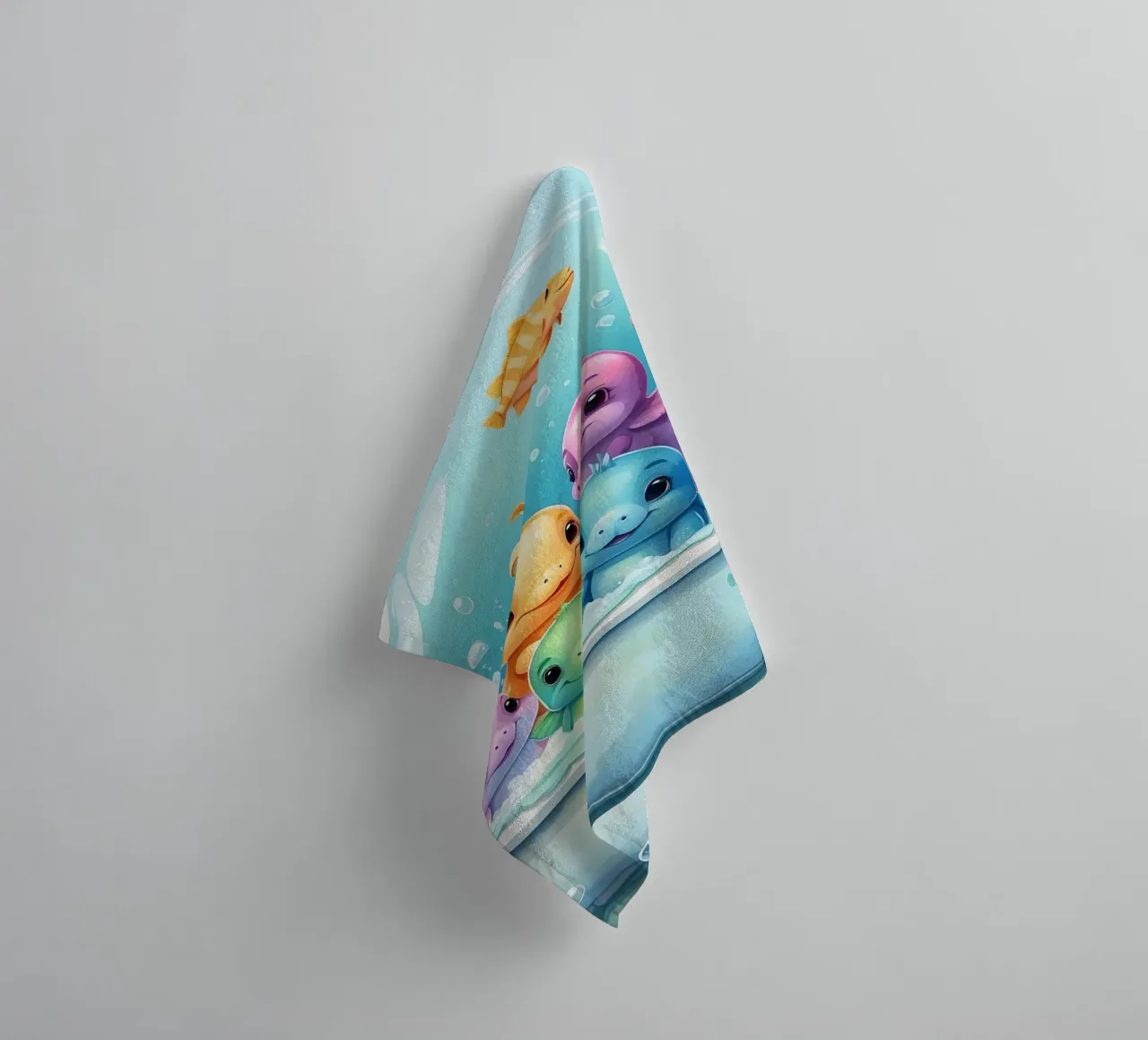 Simpatiche creature acquatiche in un bagno di schiuma con pesci colorati asciugamano da bagno da DesignDoodle