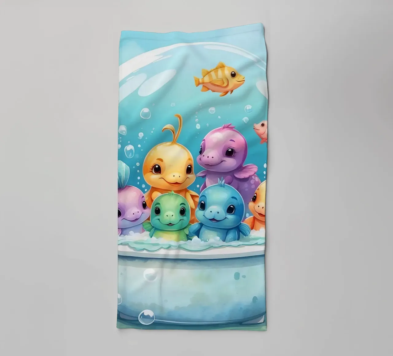Simpatiche creature acquatiche in un bagno di schiuma con pesci colorati asciugamano da bagno da DesignDoodle