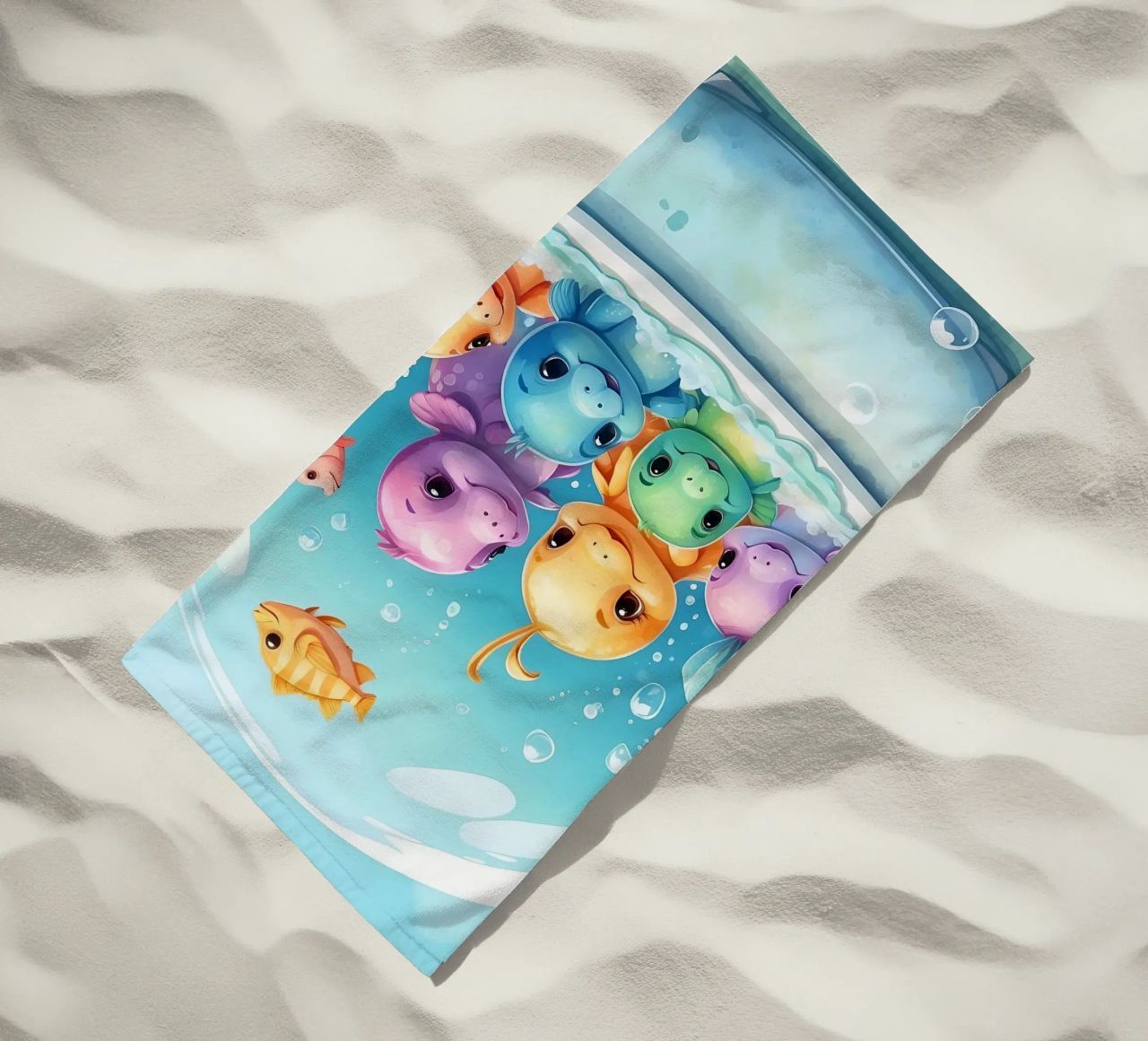 Simpatiche creature acquatiche in un bagno di schiuma con pesci colorati telo mare da DesignDoodle