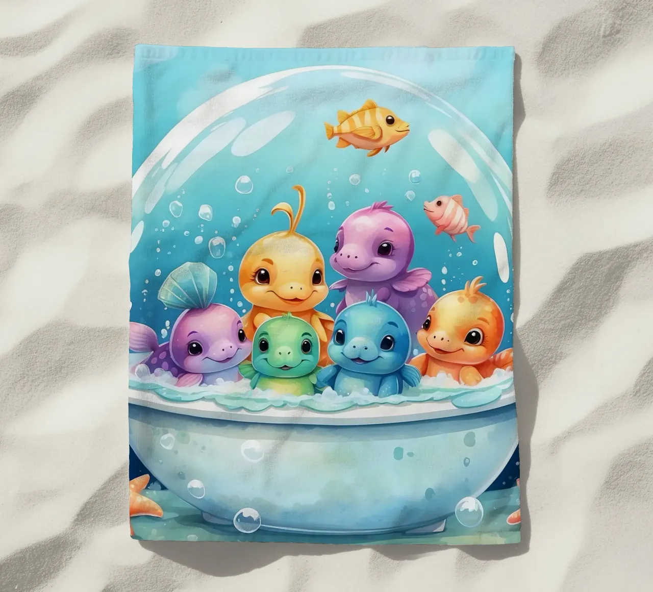 Cute aquatic creatures in a bubble bath with colorful fish beach towel by DesignDoodle