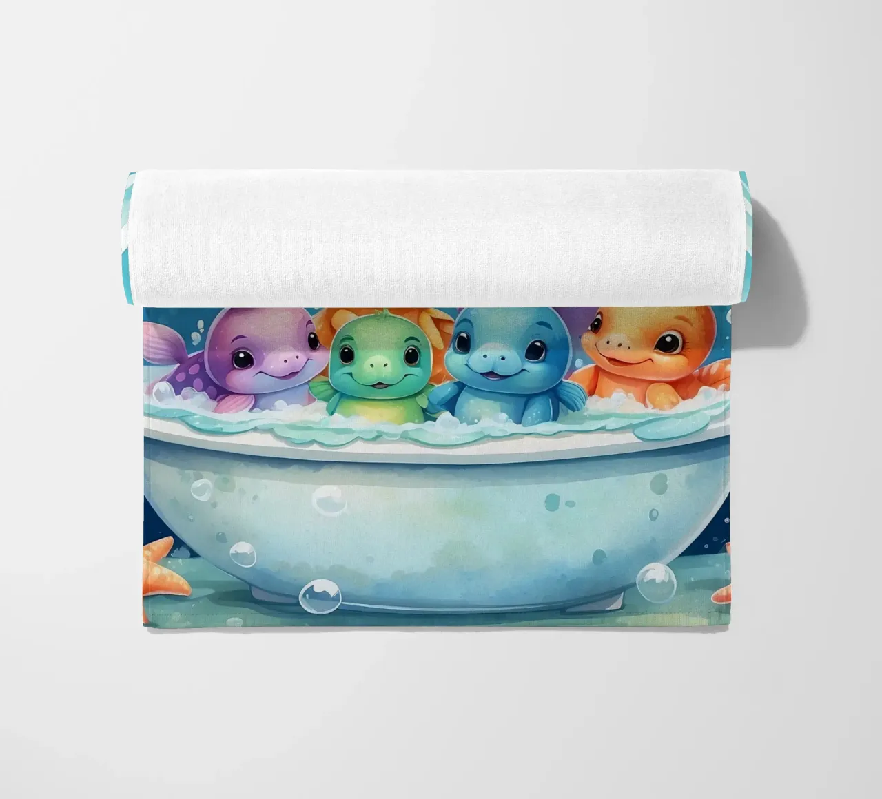Cute aquatic creatures in a bubble bath with colorful fish beach towel by DesignDoodle