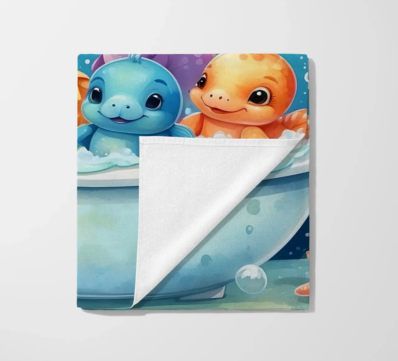 Cute aquatic creatures in a bubble bath with colorful fish beach towel by DesignDoodle