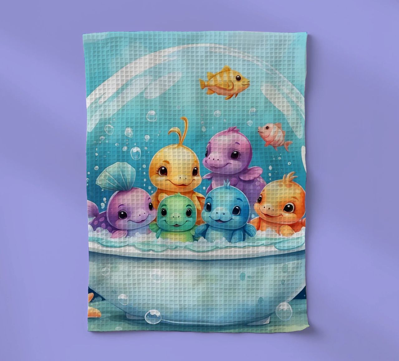 Simpatiche creature acquatiche in un bagno di schiuma con pesci colorati canovaccio da cucina da DesignDoodle