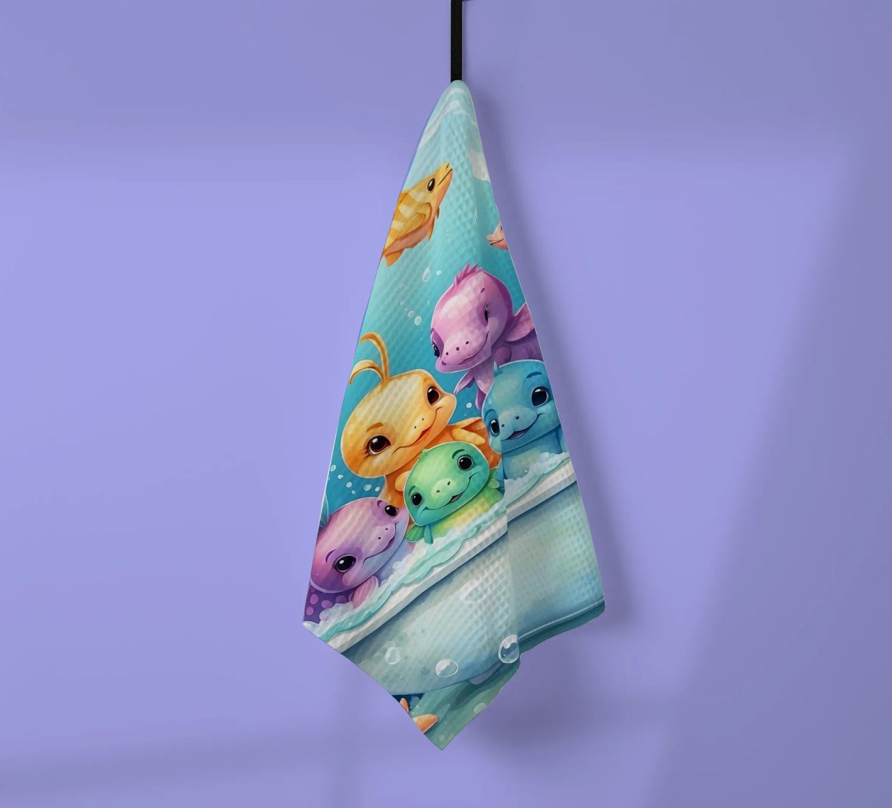 Simpatiche creature acquatiche in un bagno di schiuma con pesci colorati canovaccio da cucina da DesignDoodle