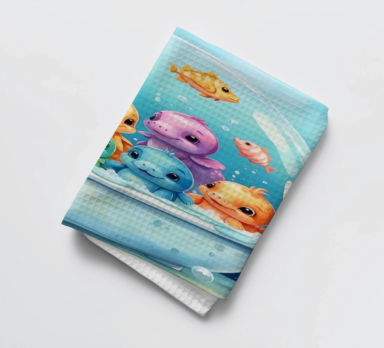 Simpatiche creature acquatiche in un bagno di schiuma con pesci colorati canovaccio da cucina da DesignDoodle