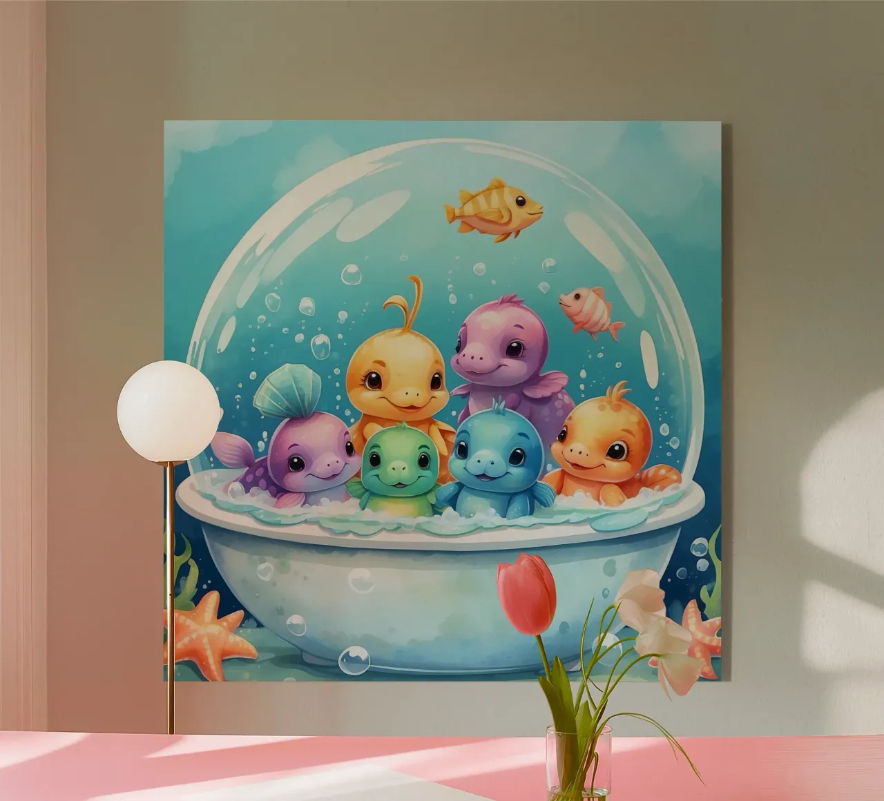 Simpatiche creature acquatiche in un bagno di schiuma con pesci colorati plexiglass da DesignDoodle
