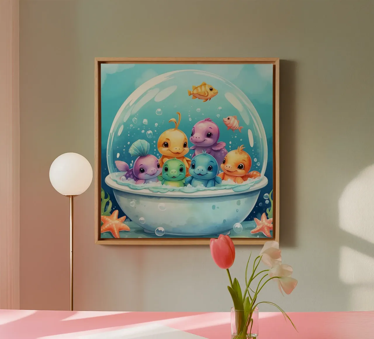 Simpatiche creature acquatiche in un bagno di schiuma con pesci colorati tela da DesignDoodle