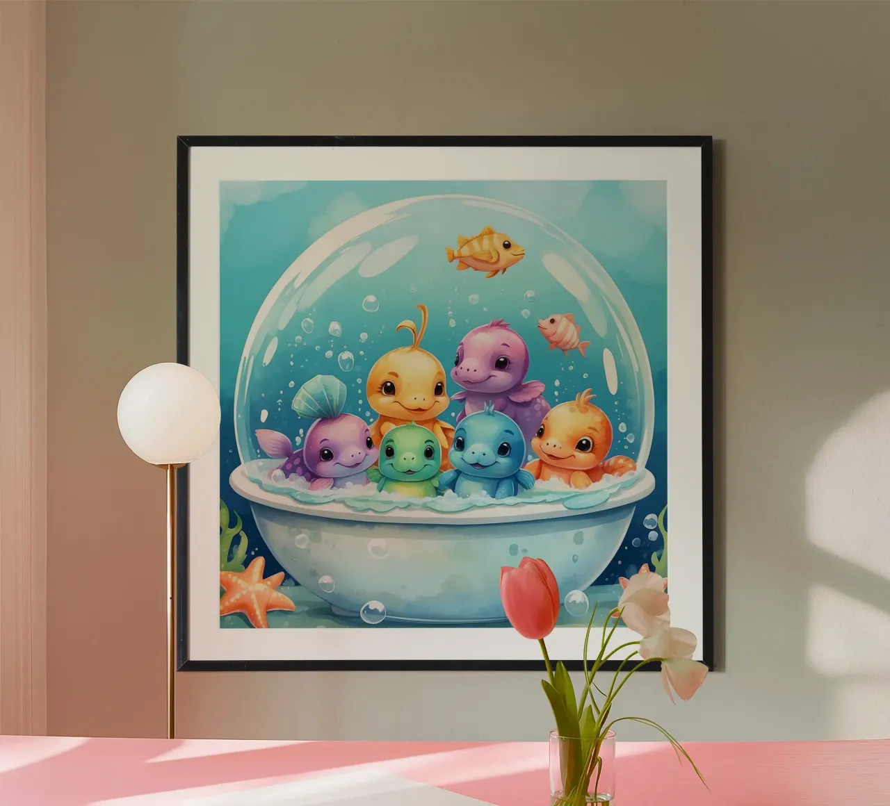 Simpatiche creature acquatiche in un bagno di schiuma con pesci colorati carta hahnemühle da DesignDoodle