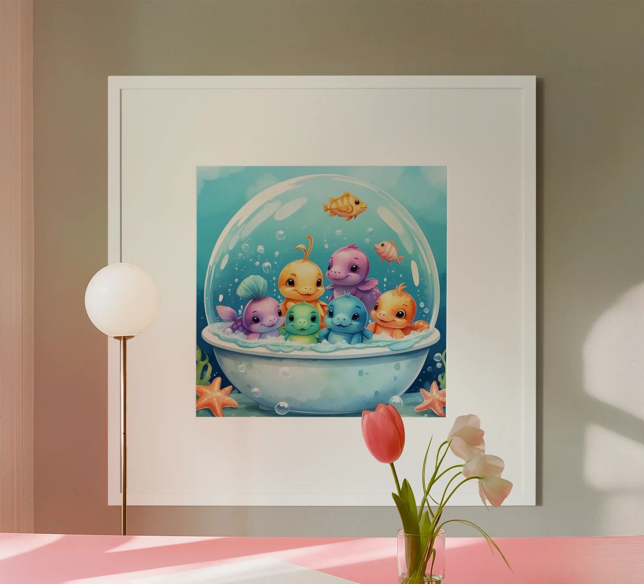 Simpatiche creature acquatiche in un bagno di schiuma con pesci colorati carta hahnemühle da DesignDoodle