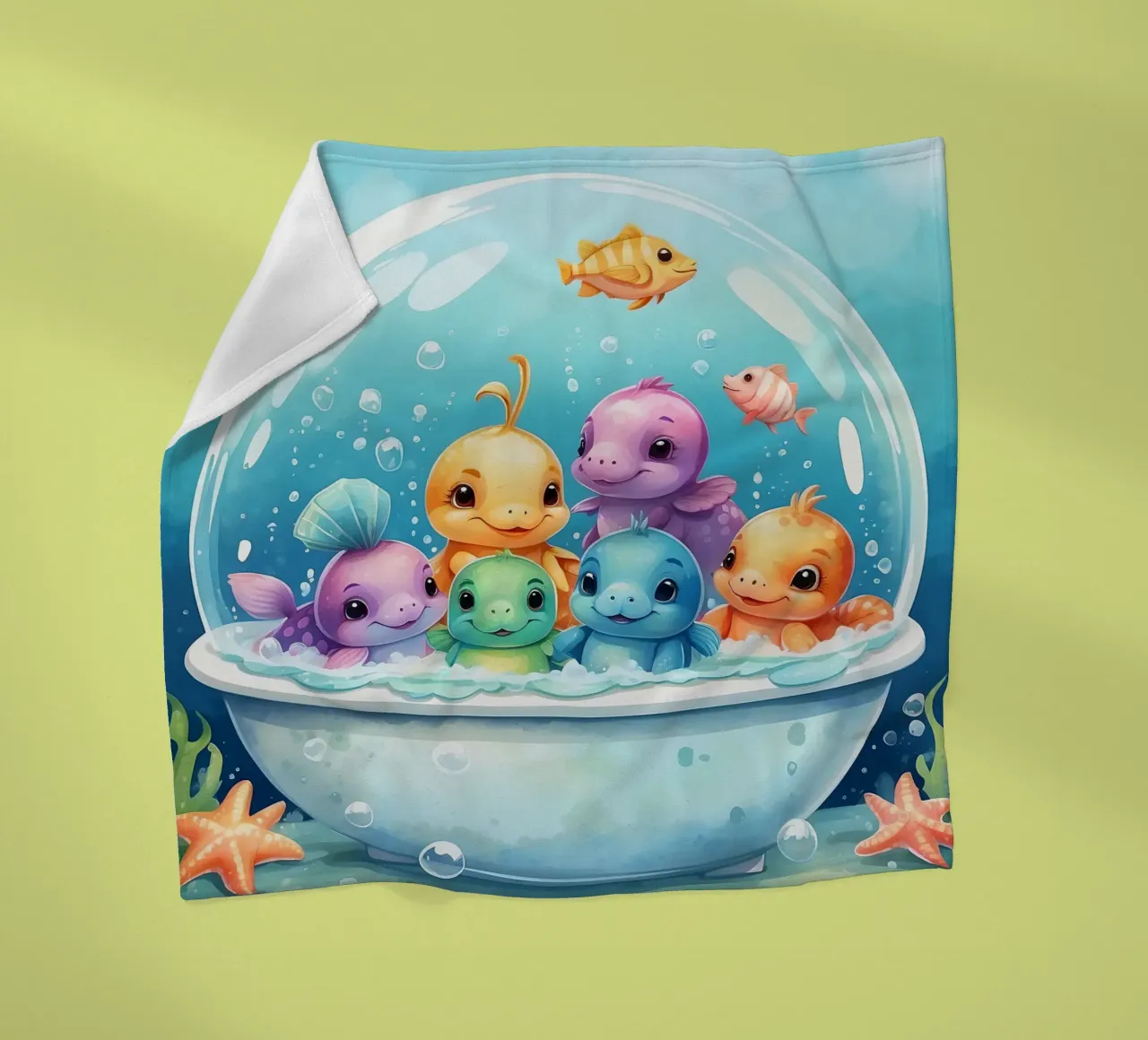 Simpatiche creature acquatiche in un bagno di schiuma con pesci colorati coperta in pile da DesignDoodle