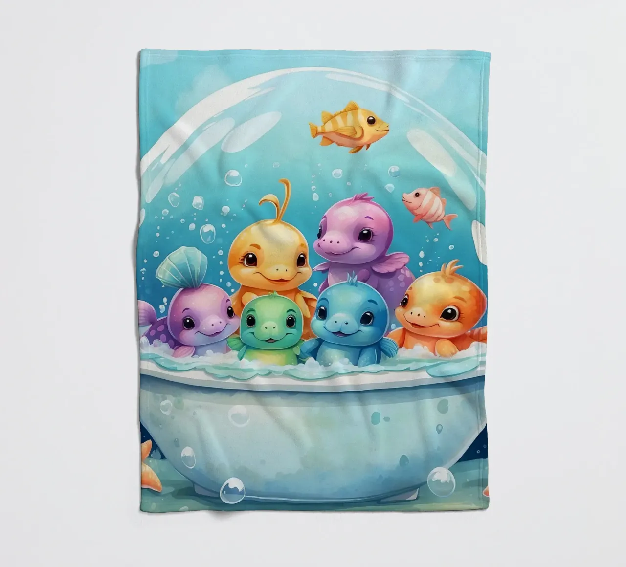 Simpatiche creature acquatiche in un bagno di schiuma con pesci colorati coperta in pile da DesignDoodle
