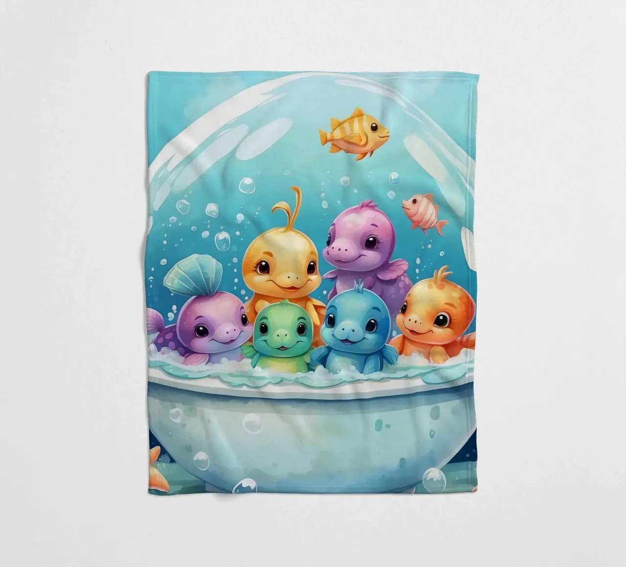 Simpatiche creature acquatiche in un bagno di schiuma con pesci colorati coperta in pile da DesignDoodle